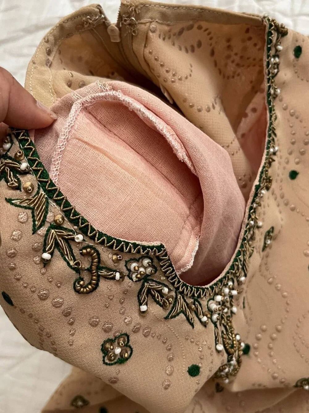 Tan Green Bandhani Embroidered Lehenga corset style Indian Wedding mehndi choli